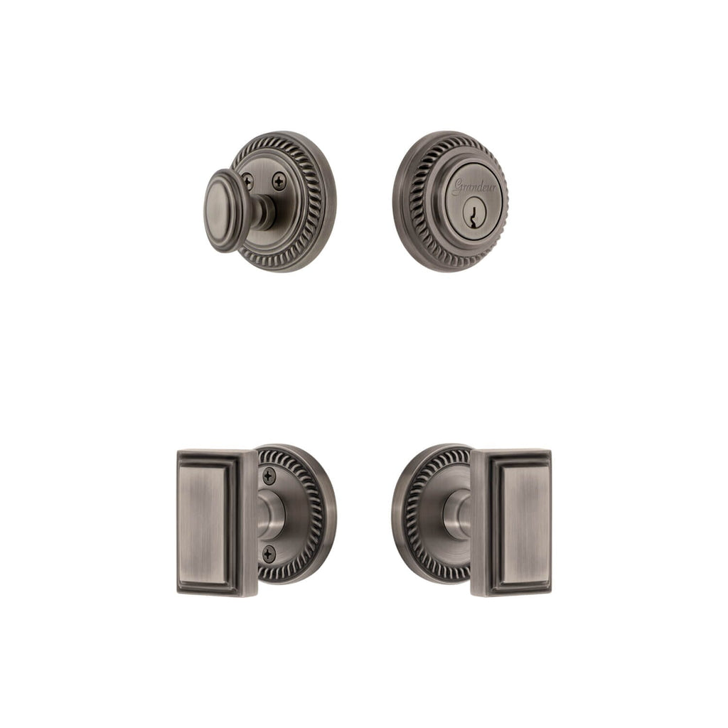 Newport Rosette Entry Set with Carre Knob in Antique Pewter