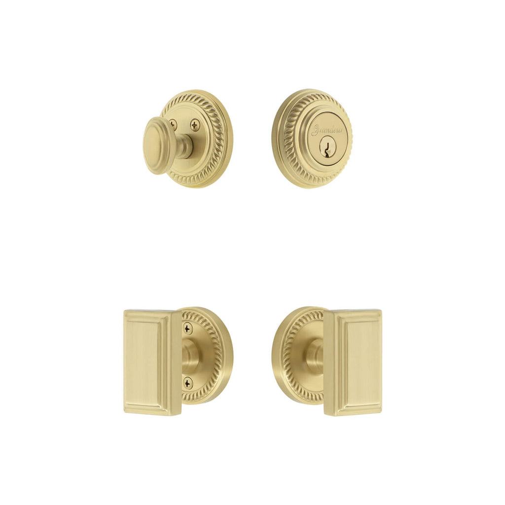 Newport Rosette Entry Set with Carre Knob in Satin Brass