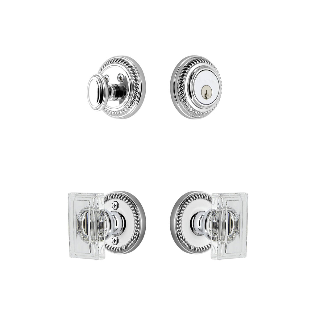 Newport Rosette Entry Set with Carre Crystal Knob in Bright Chrome