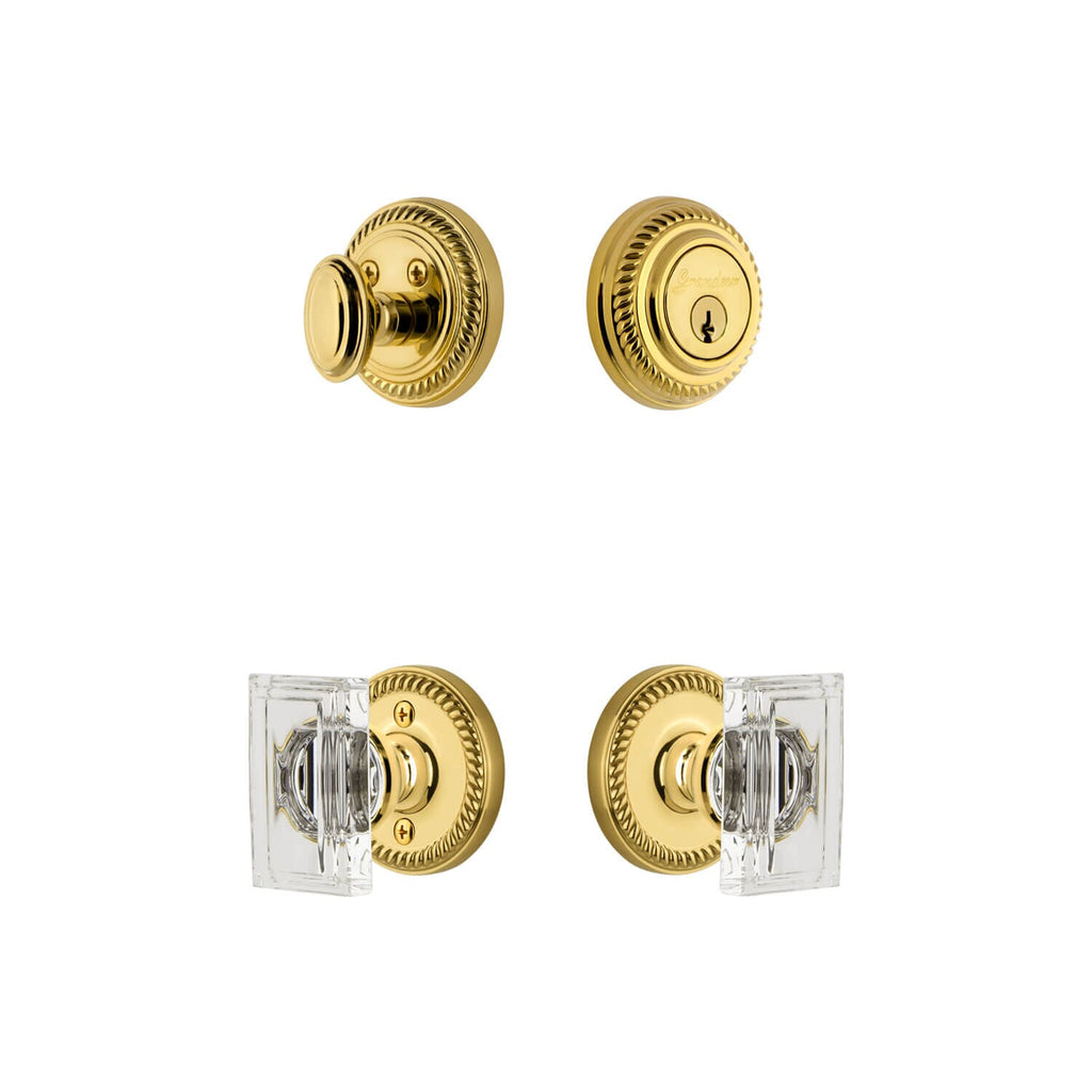 Newport Rosette Entry Set with Carre Crystal Knob in Lifetime Brass