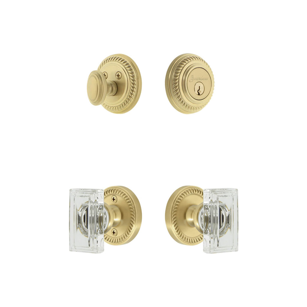 Newport Rosette Entry Set with Carre Crystal Knob in Satin Brass