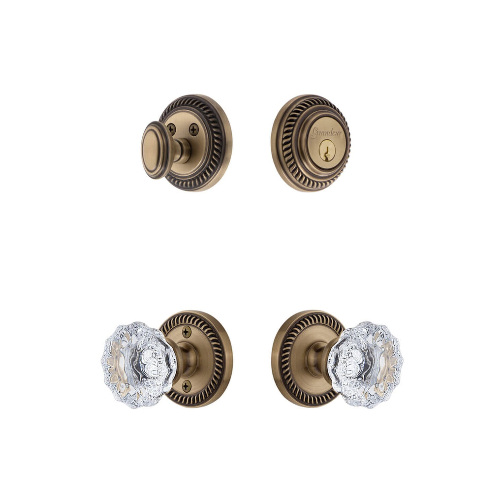 Newport Rosette Entry Set with Fontainebleau Crystal Knob in Vintage Brass