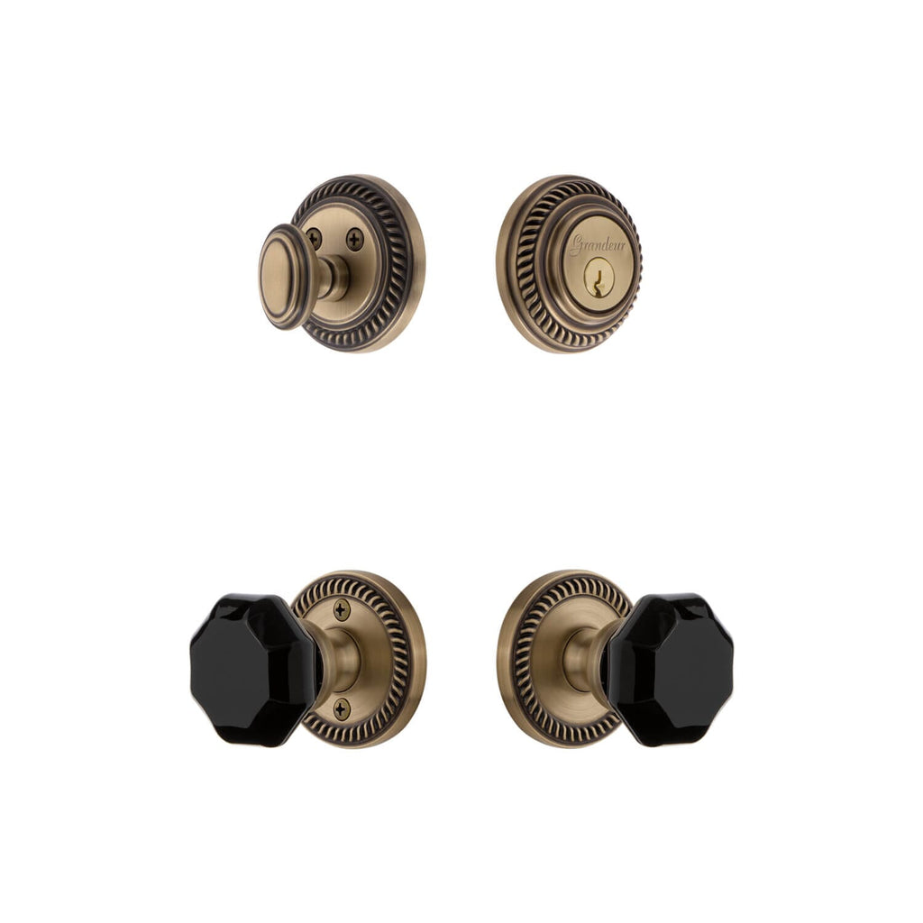 Newport Rosette Entry Set with Lyon Knob in Vintage Brass