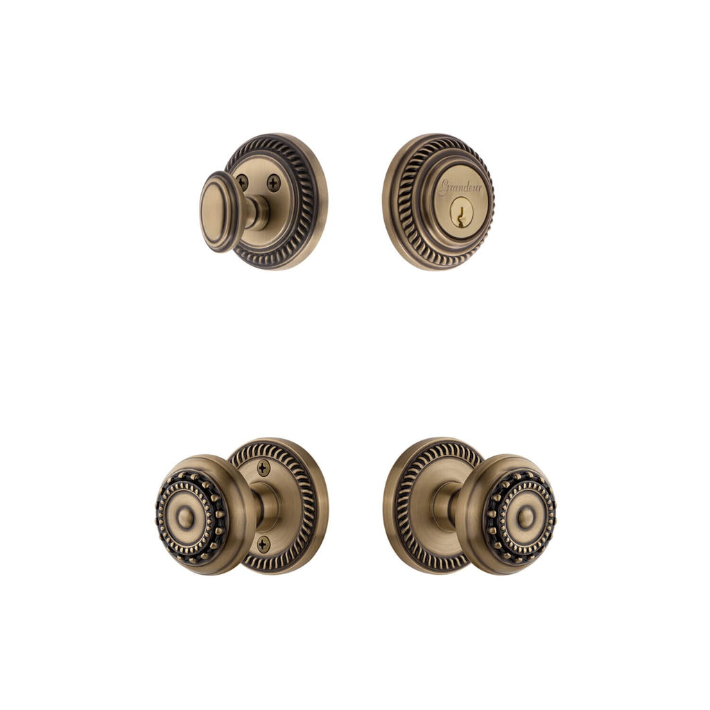 Newport Rosette Entry Set with Parthenon Knob in Vintage Brass