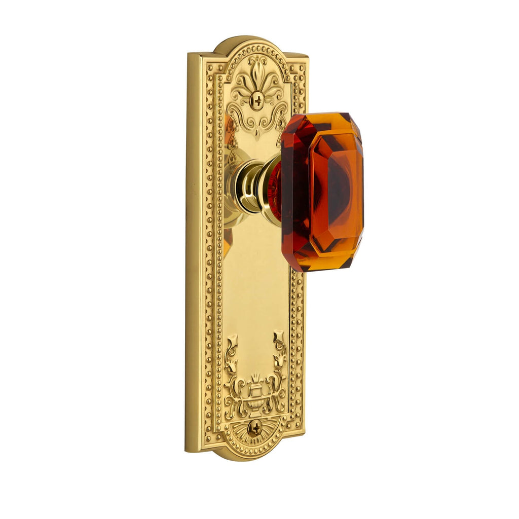 Parthenon Long Plate with Baguette Amber Crystal Knob in Polished Brass