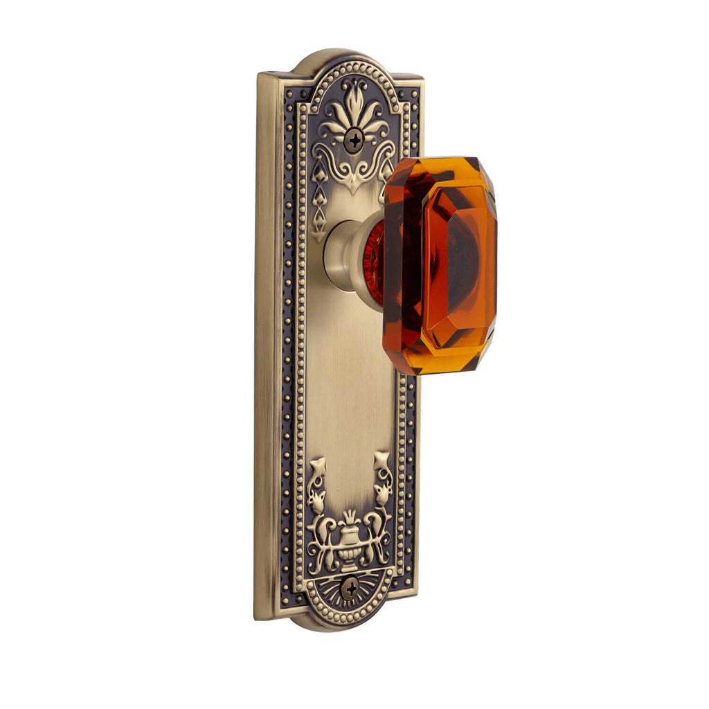 Parthenon Long Plate with Baguette Amber Crystal Knob in Vintage Brass