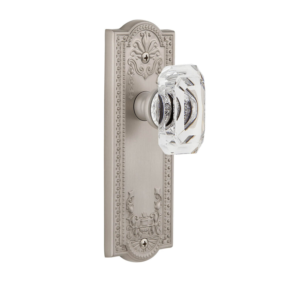Parthenon Long Plate with Baguette Clear Crystal Knob in Satin Nickel