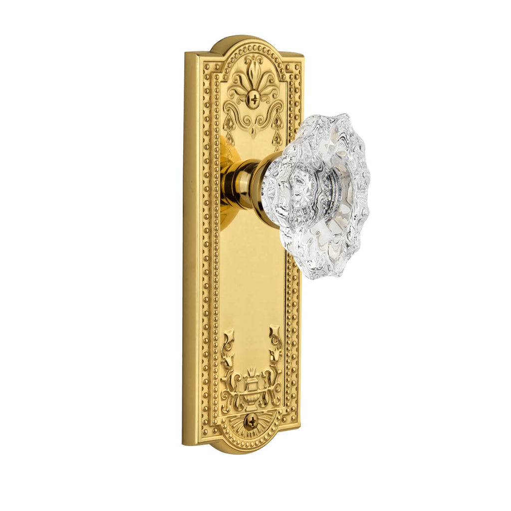 Parthenon Long Plate with Biarritz Crystal Knob in Polished Brass