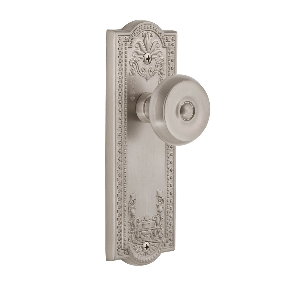 Parthenon Long Plate with Bouton Knob in Satin Nickel