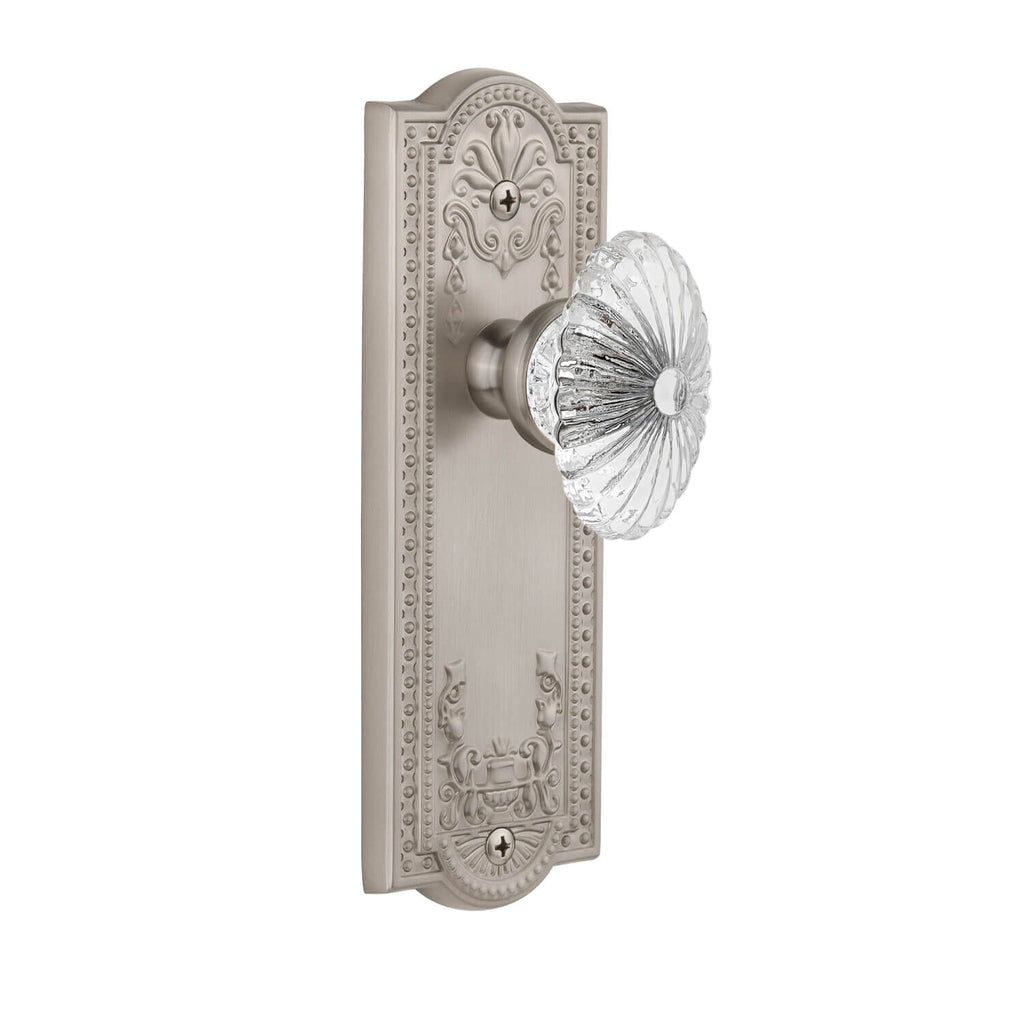Parthenon Long Plate with Burgundy Crystal Knob in Satin Nickel
