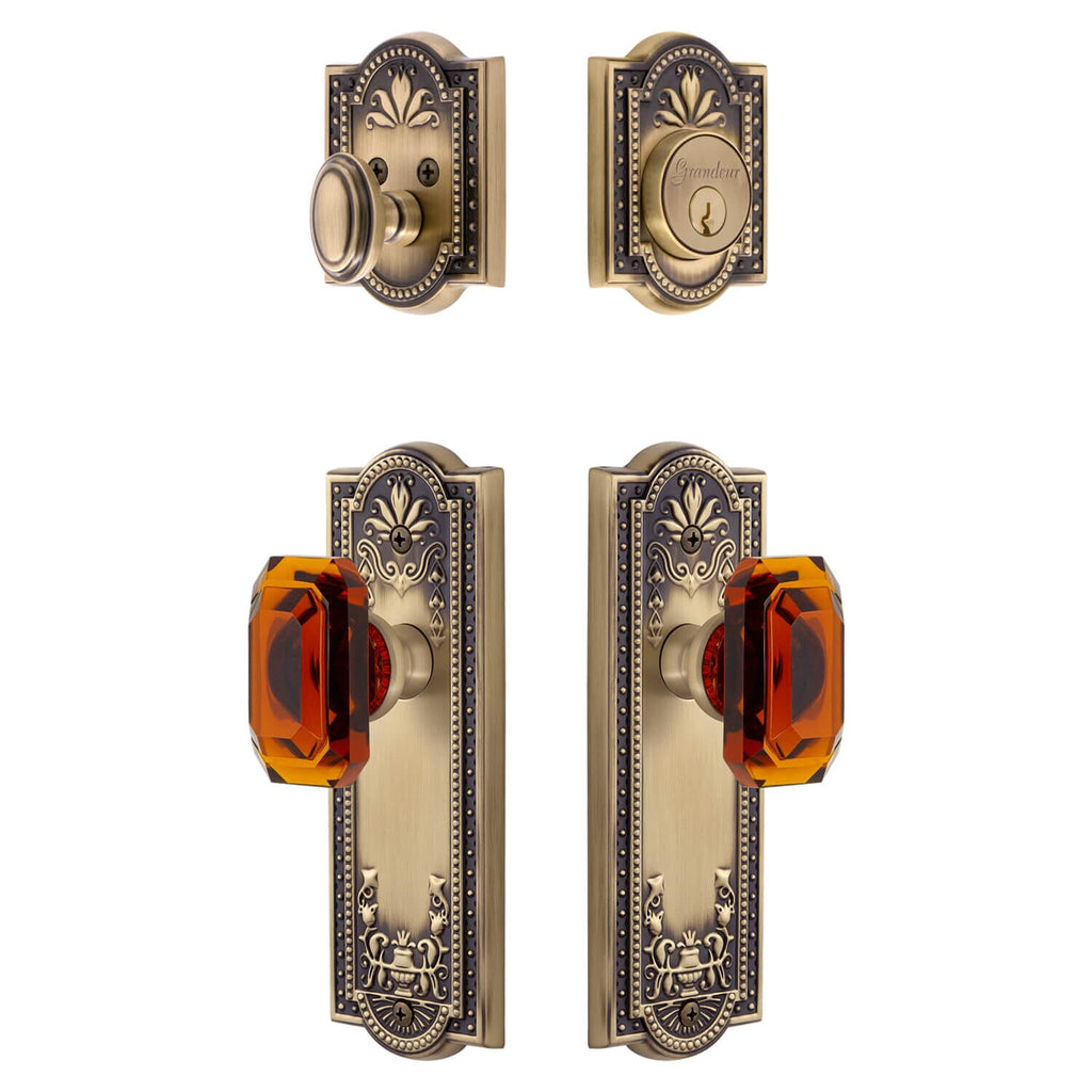 Parthenon Long Plate Entry Set with Baguette Amber Crystal Knob in Vintage Brass