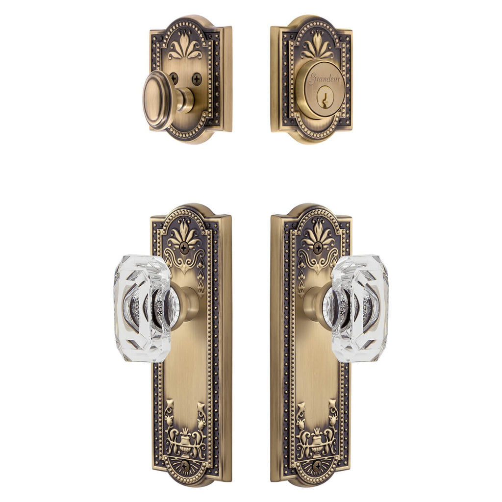 Parthenon Long Plate Entry Set with Baguette Clear Crystal Knob in Vintage Brass