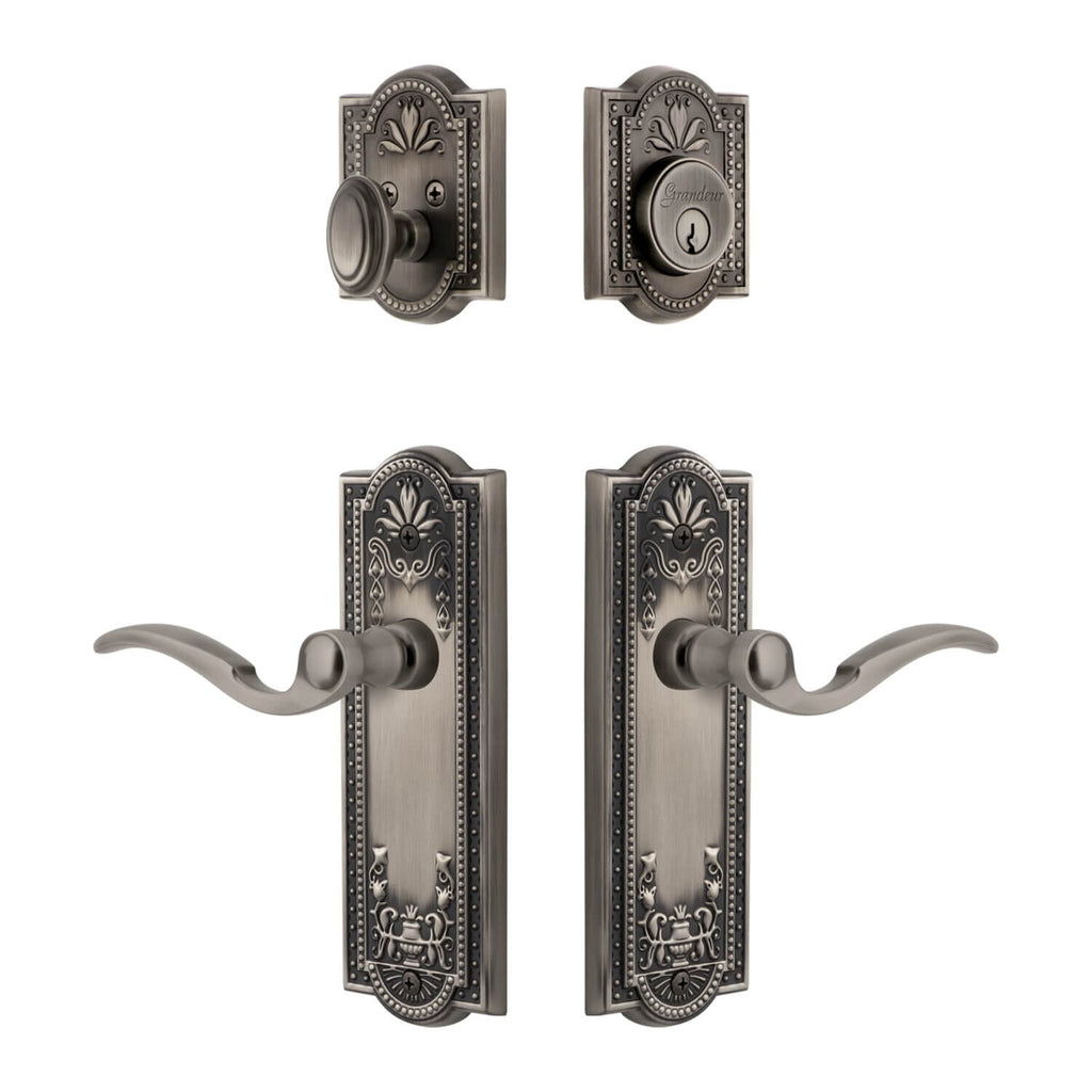 Parthenon Long Plate Entry Set with Bellagio Lever in Antique Pewter