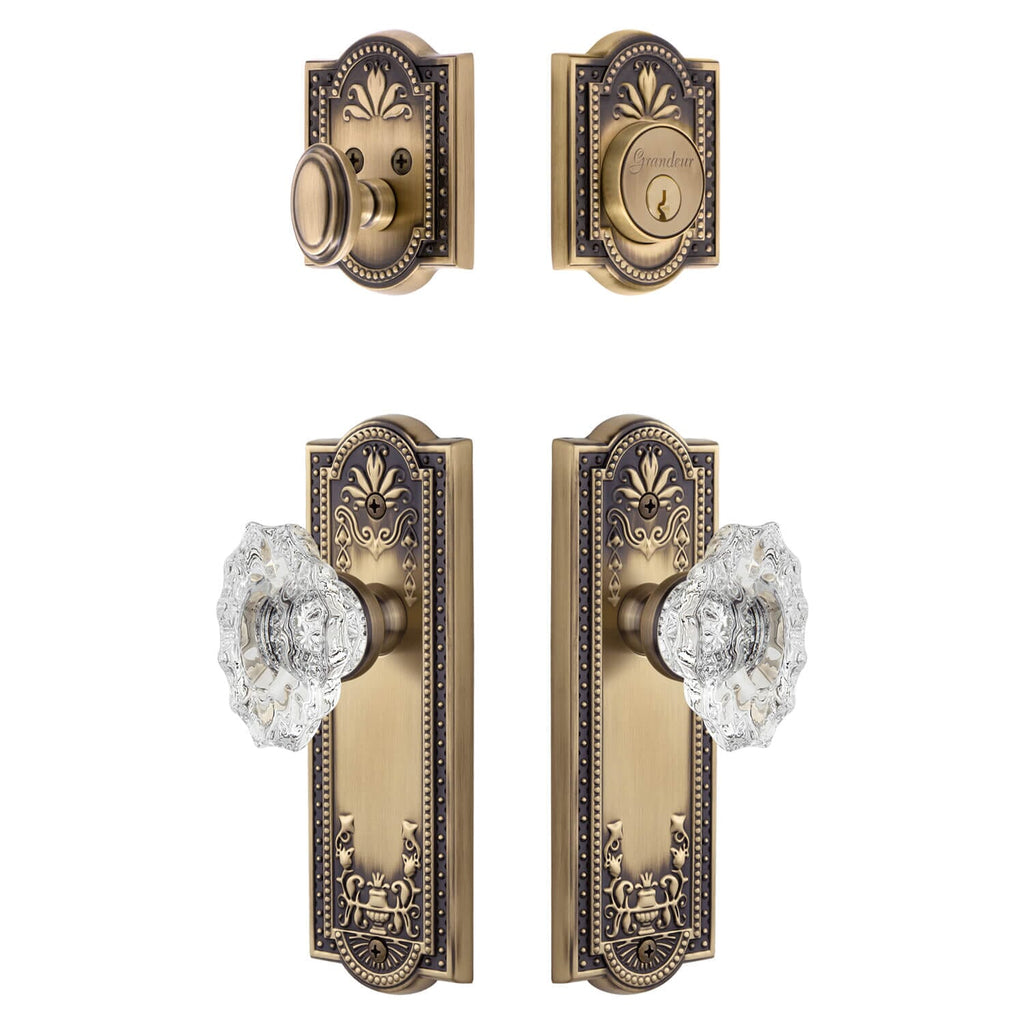 Parthenon Long Plate Entry Set with Biarritz Crystal Knob in Vintage Brass