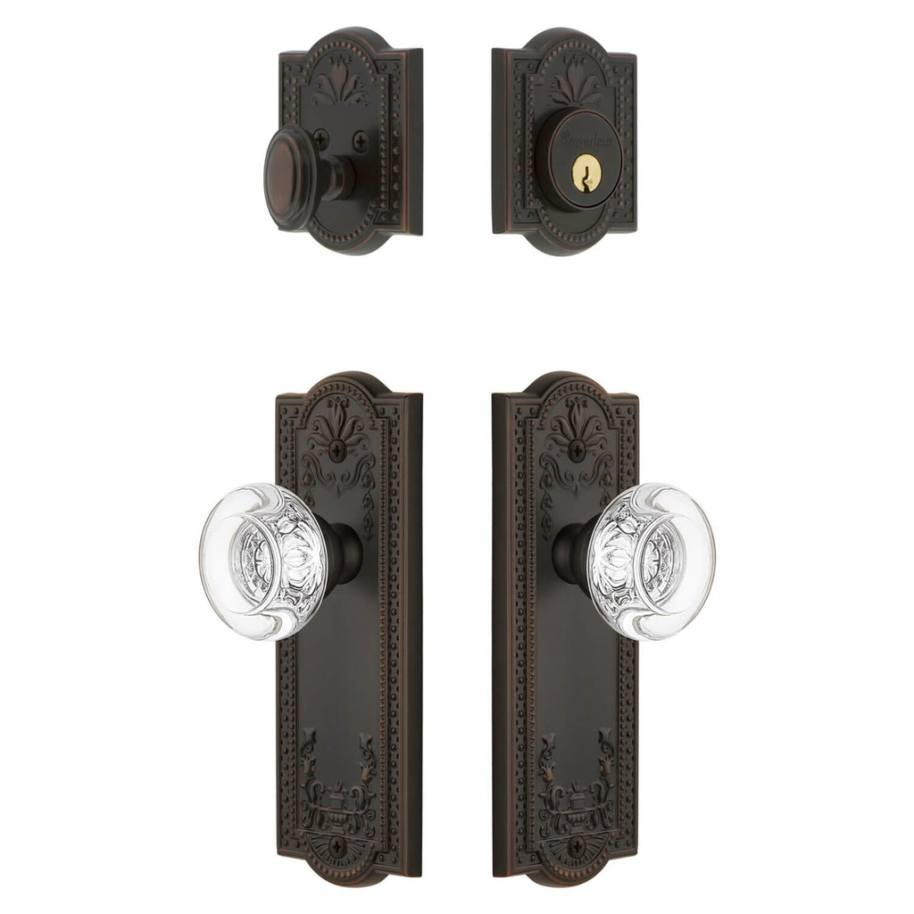 Parthenon Long Plate Entry Set with Bordeaux Crystal Knob in Timeless Bronze