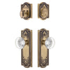 Parthenon Long Plate Entry Set with Bordeaux Crystal Knob in Vintage Brass