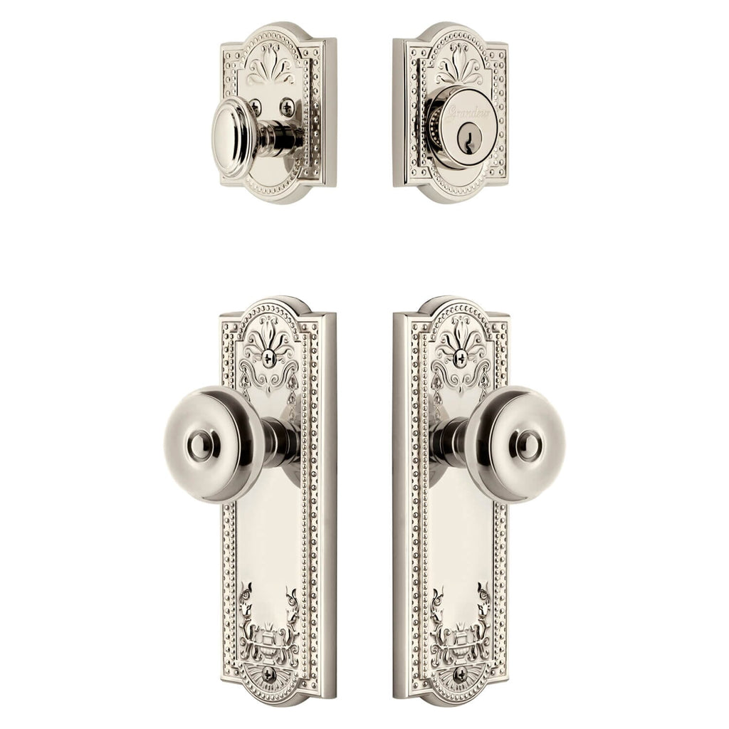 Parthenon Long Plate Entry Set with Bouton Knob in Polished Nickel