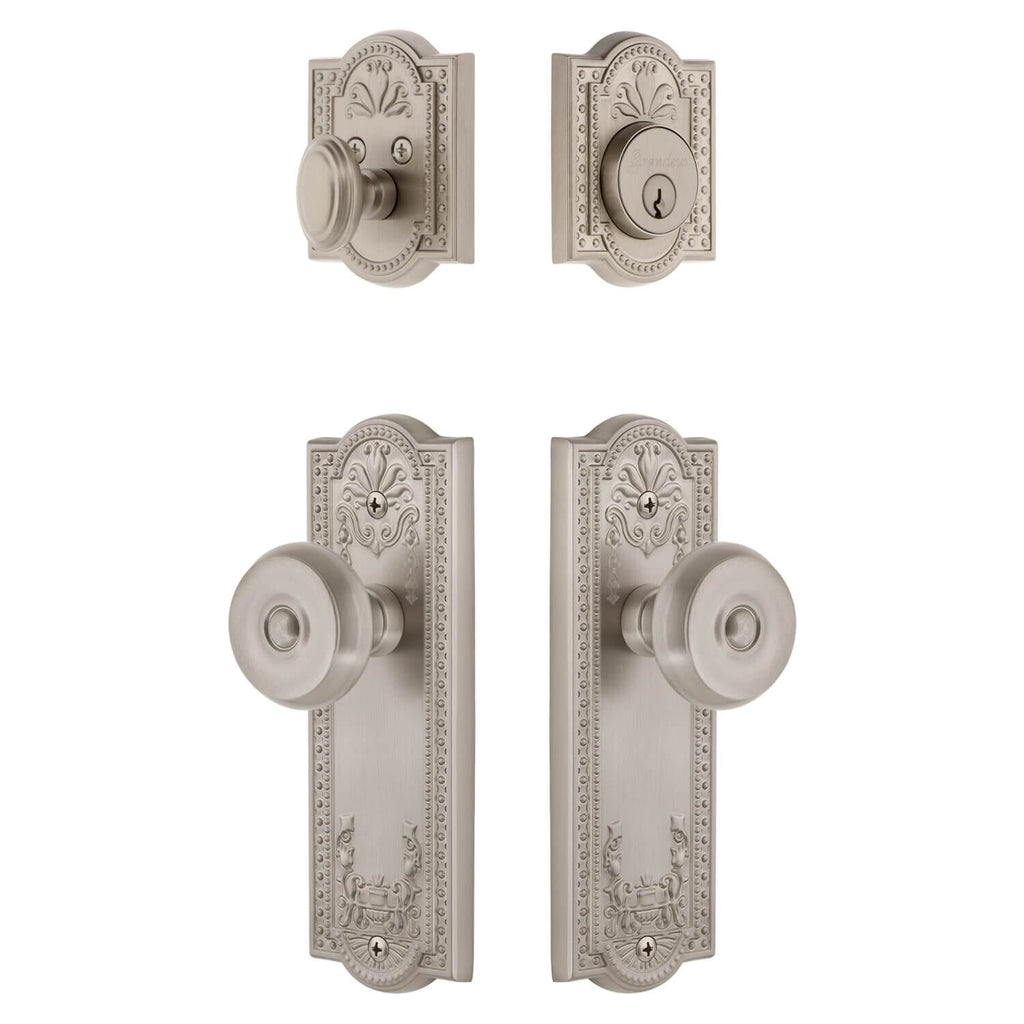 Parthenon Long Plate Entry Set with Bouton Knob in Satin Nickel