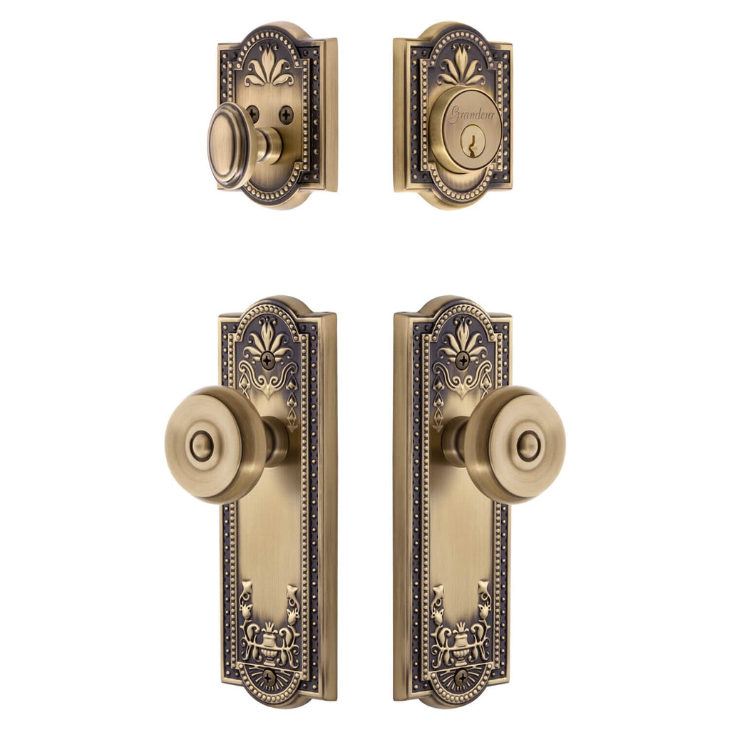 Parthenon Long Plate Entry Set with Bouton Knob in Vintage Brass