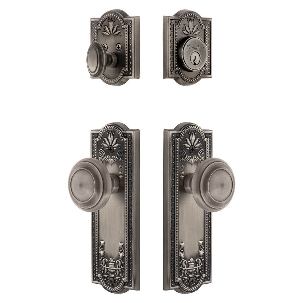 Parthenon Long Plate Entry Set with Circulaire Knob in Antique Pewter