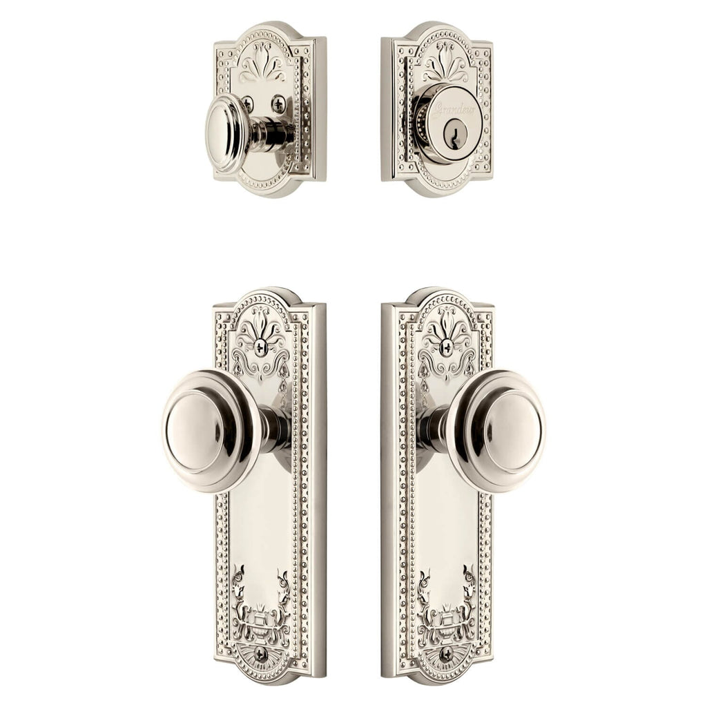 Parthenon Long Plate Entry Set with Circulaire Knob in Polished Nickel