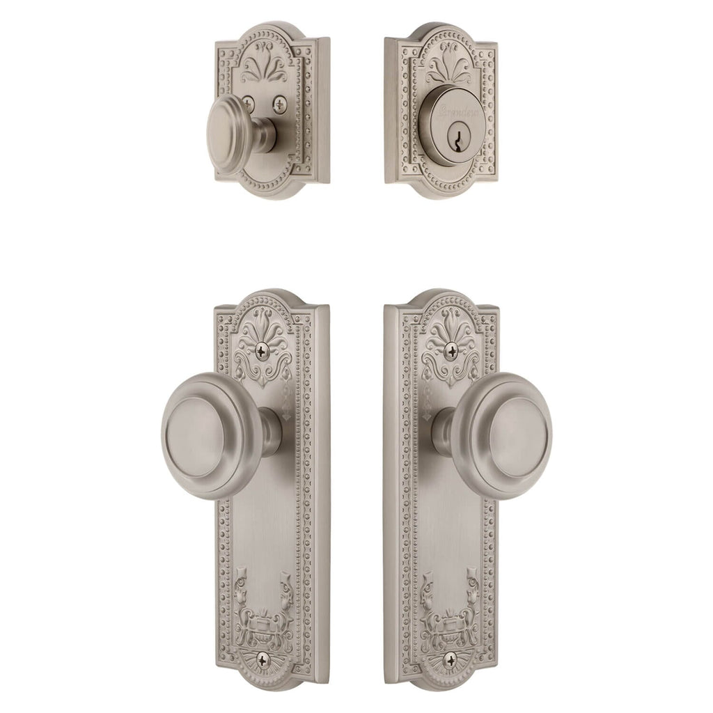 Parthenon Long Plate Entry Set with Circulaire Knob in Satin Nickel
