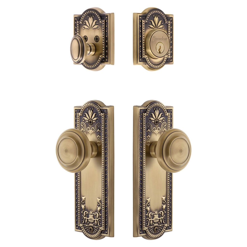 Parthenon Long Plate Entry Set with Circulaire Knob in Vintage Brass