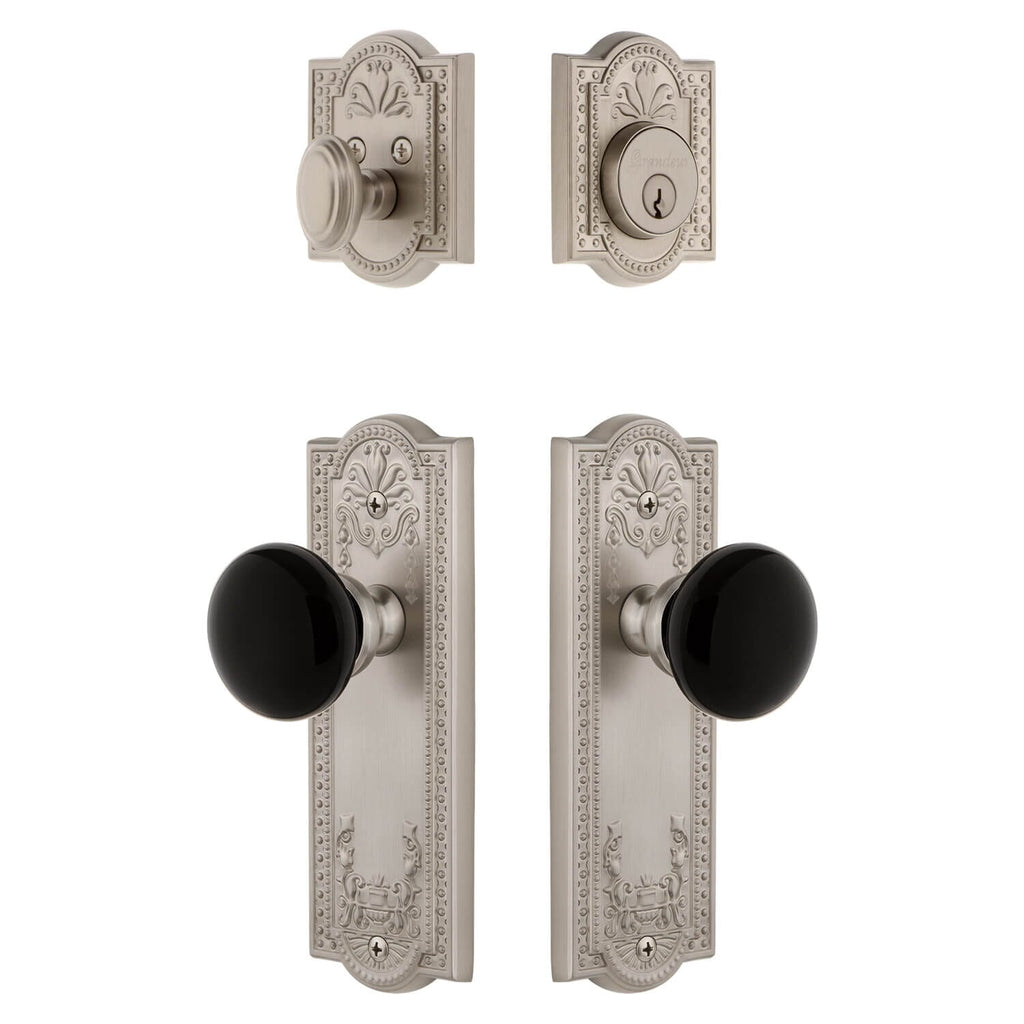 Parthenon Long Plate Entry Set with Coventry Knob in Satin Nickel