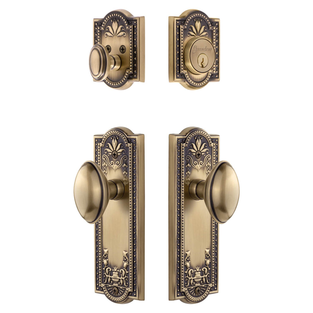 Parthenon Long Plate Entry Set with Eden Prairie Knob in Vintage Brass