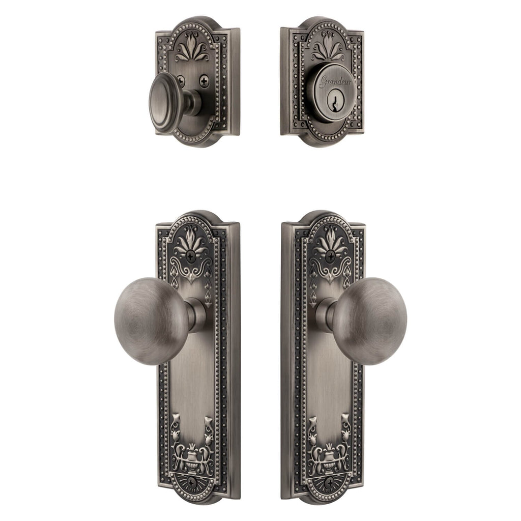 Parthenon Long Plate Entry Set with Fifth Avenue Knob in Antique Pewter