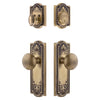 Parthenon Long Plate Entry Set with Fifth Avenue Knob in Vintage Brass