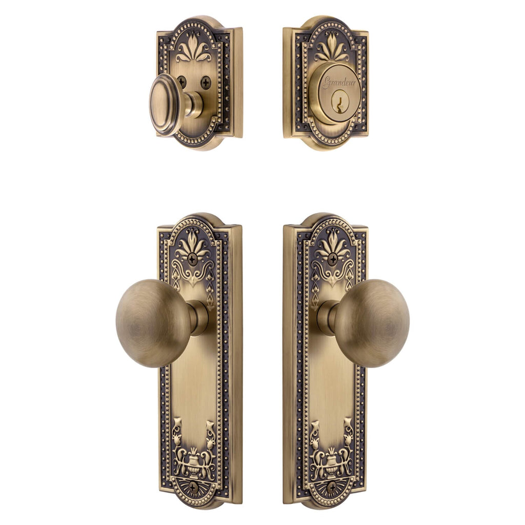 Parthenon Long Plate Entry Set with Fifth Avenue Knob in Vintage Brass