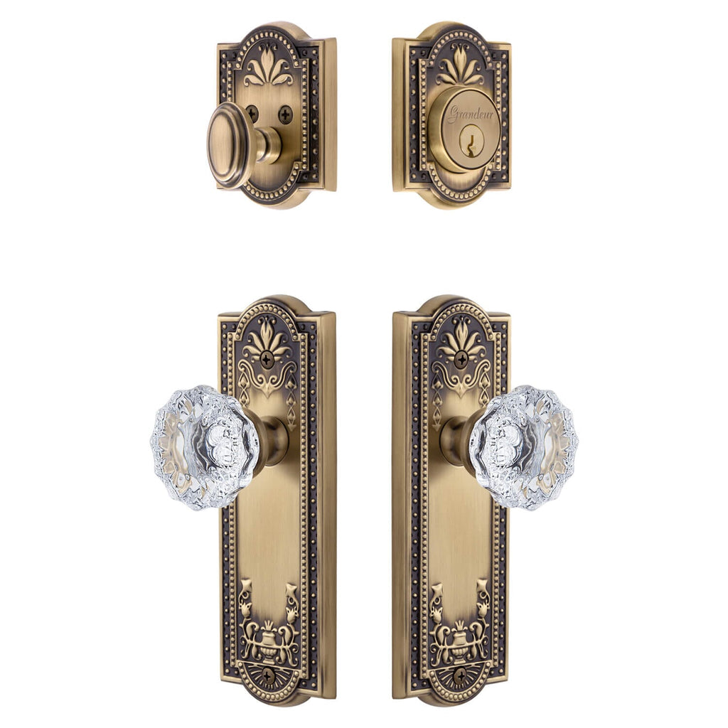 Parthenon Long Plate Entry Set with Fontainebleau Crystal Knob in Vintage Brass