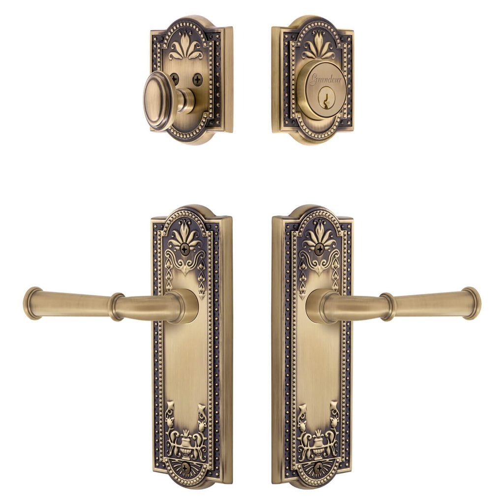 Parthenon Long Plate Entry Set with Georgetown Lever in Vintage Brass