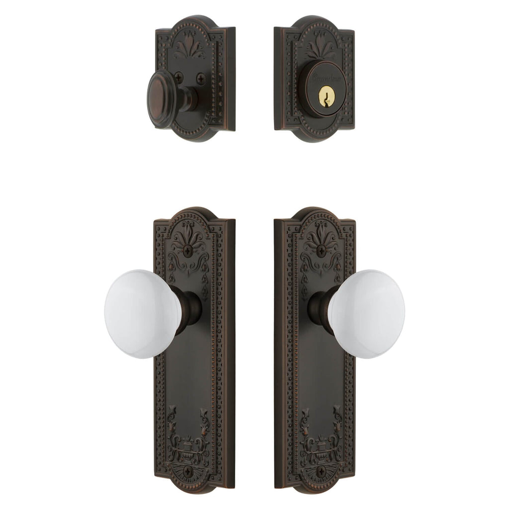 Parthenon Long Plate Entry Set with Hyde Park Knob in Timeless Bronze