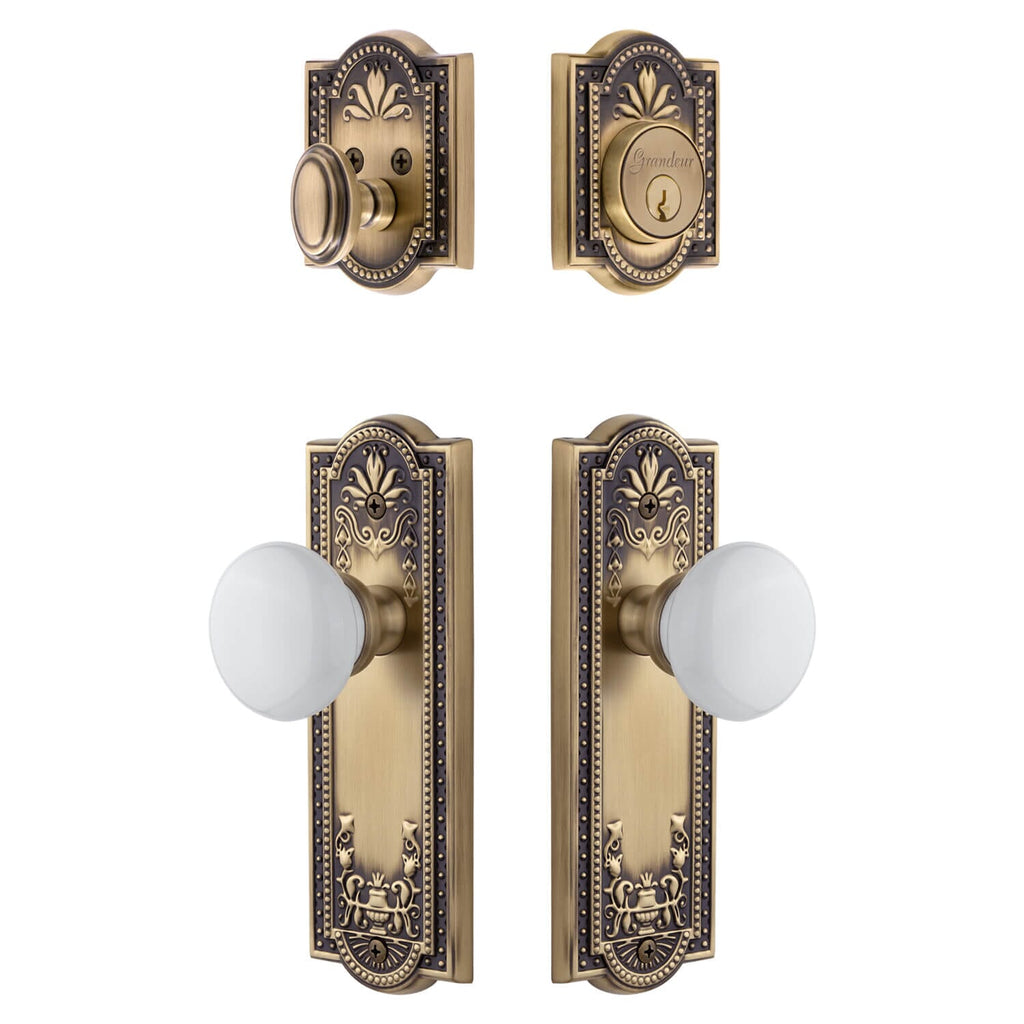 Parthenon Long Plate Entry Set with Hyde Park Knob in Vintage Brass