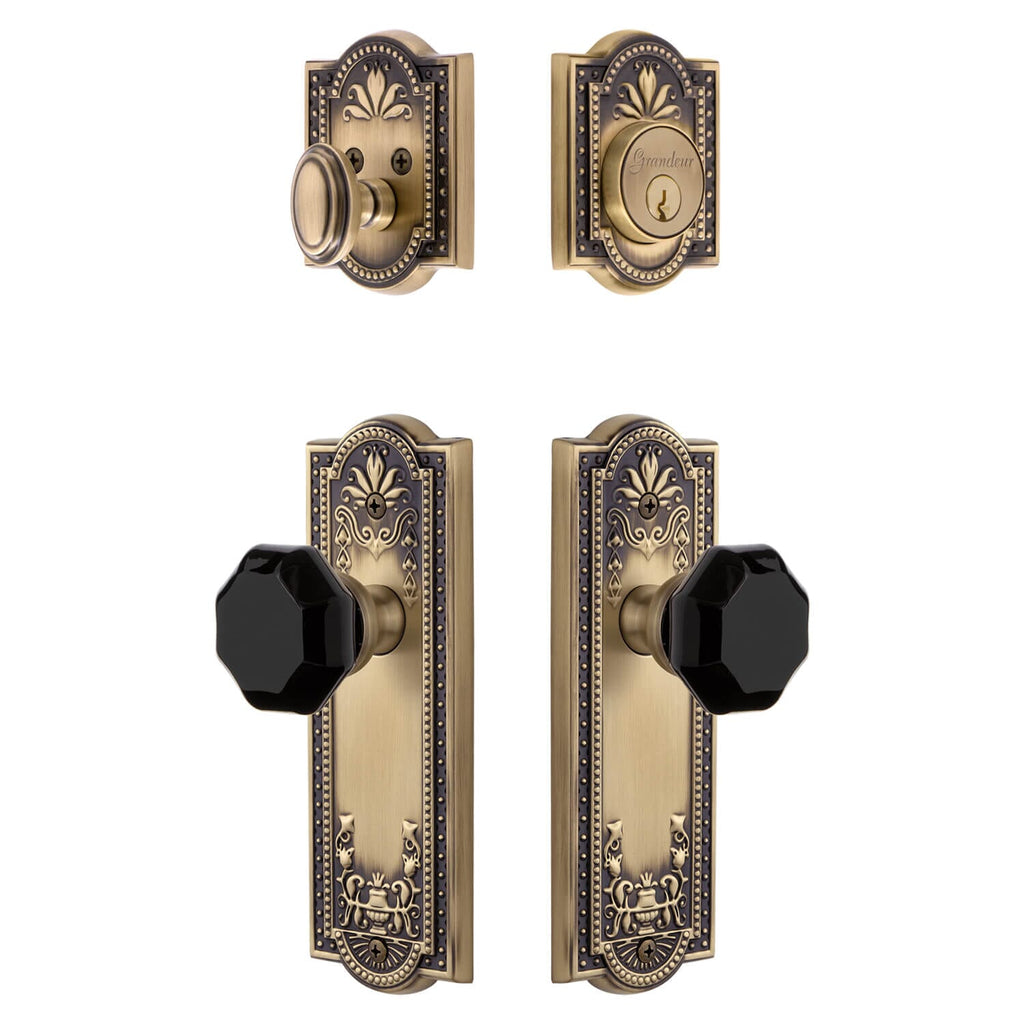 Parthenon Long Plate Entry Set with Lyon Knob in Vintage Brass