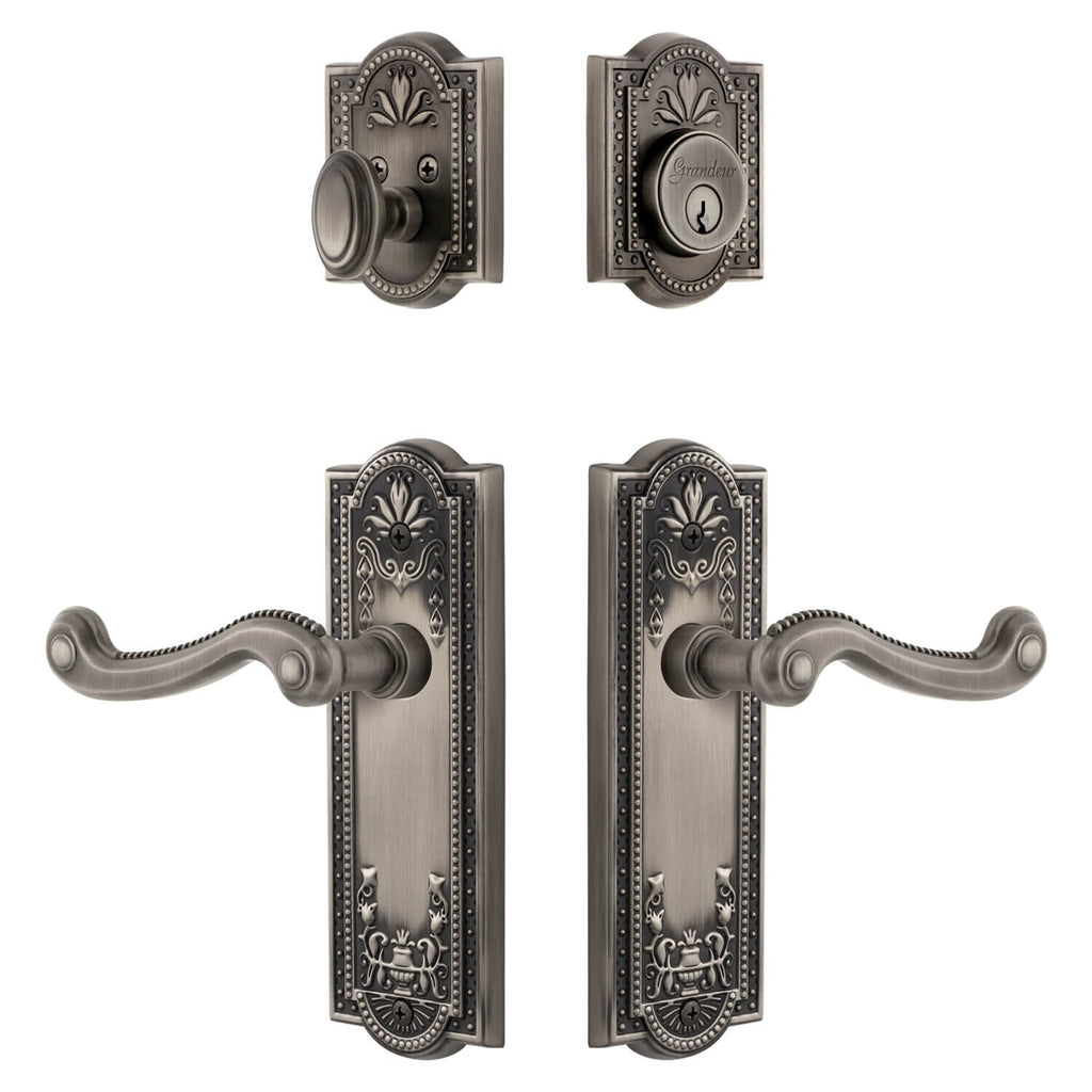 Parthenon Long Plate Entry Set with Newport Lever in Antique Pewter