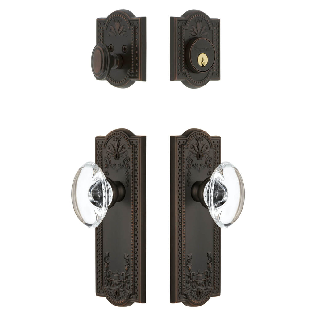 Parthenon Long Plate Entry Set with Provence Crystal Knob in Timeless Bronze