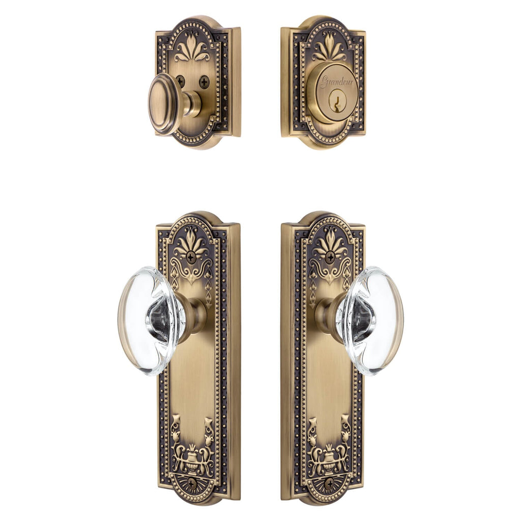 Parthenon Long Plate Entry Set with Provence Crystal Knob in Vintage Brass