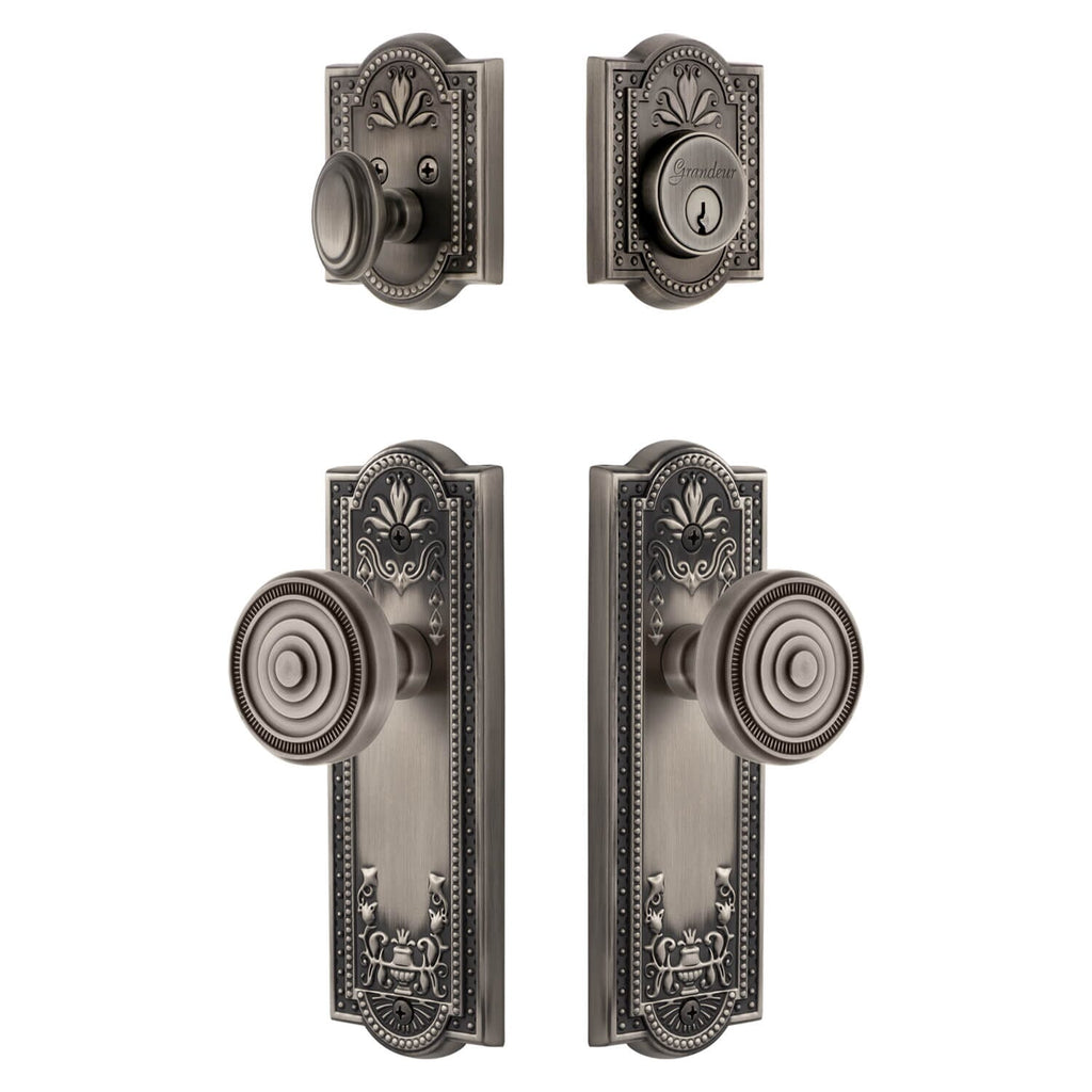 Parthenon Long Plate Entry Set with Soleil Knob in Antique Pewter
