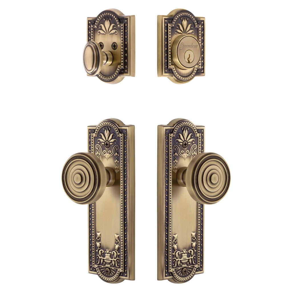 Parthenon Long Plate Entry Set with Soleil Knob in Vintage Brass