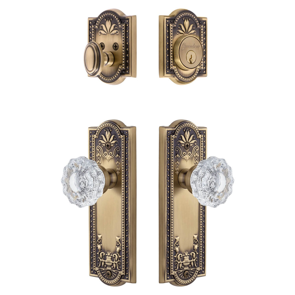 Parthenon Long Plate Entry Set with Versailles Crystal Knob in Vintage Brass