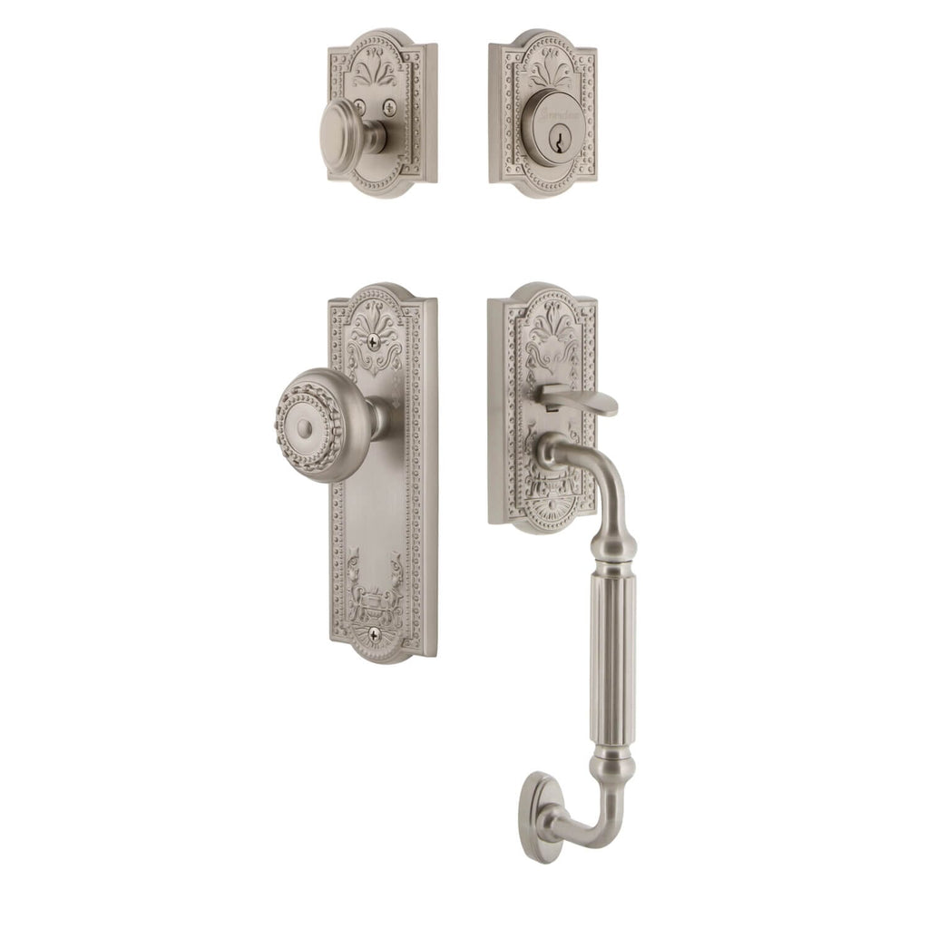 Parthenon Plate F Grip Entry Set Parthenon Knob in Satin Nickel