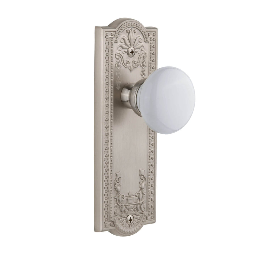 Parthenon Long Plate with Hyde Park Knob in Satin Nickel