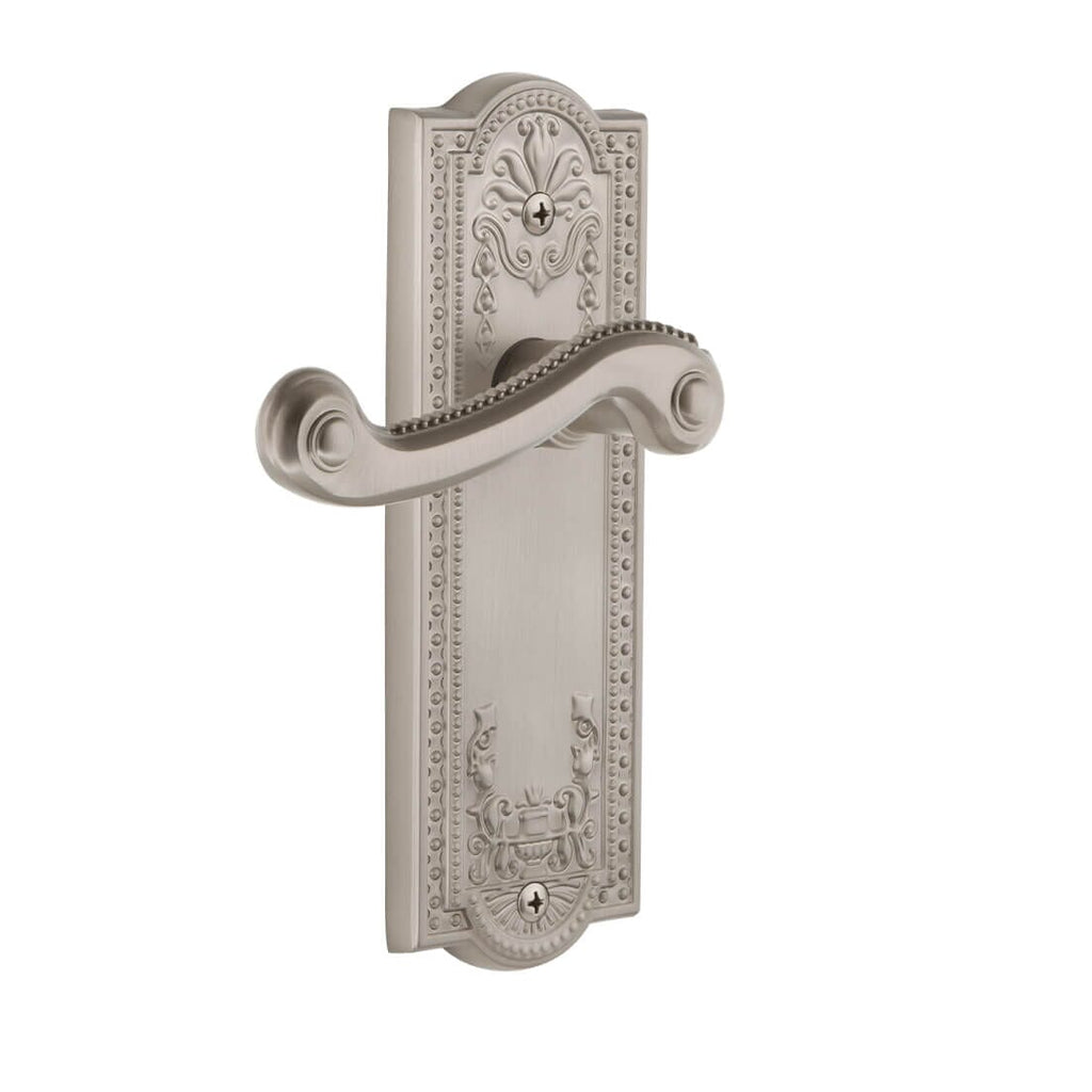 Parthenon Long Plate with Newport Lever in Satin Nickel