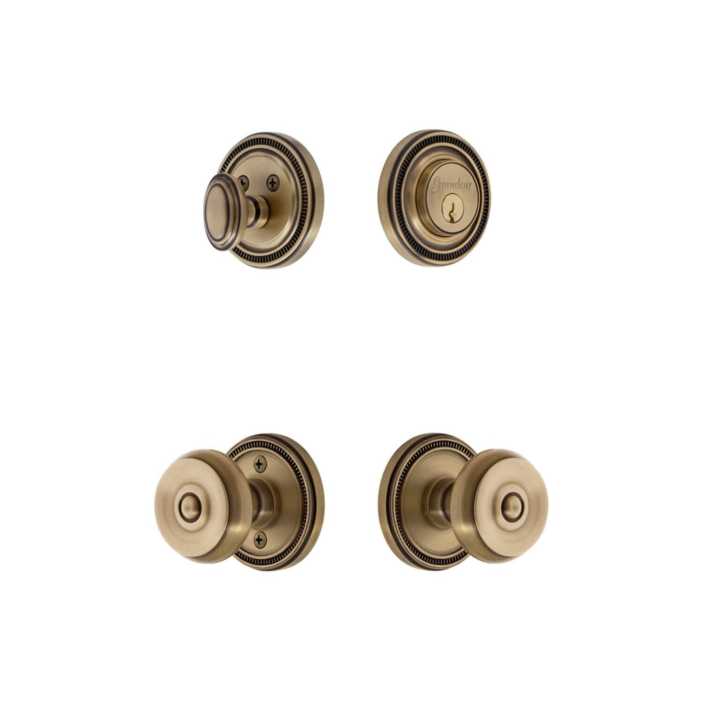 Soleil Rosette Entry Set with Bouton Knob in Vintage Brass