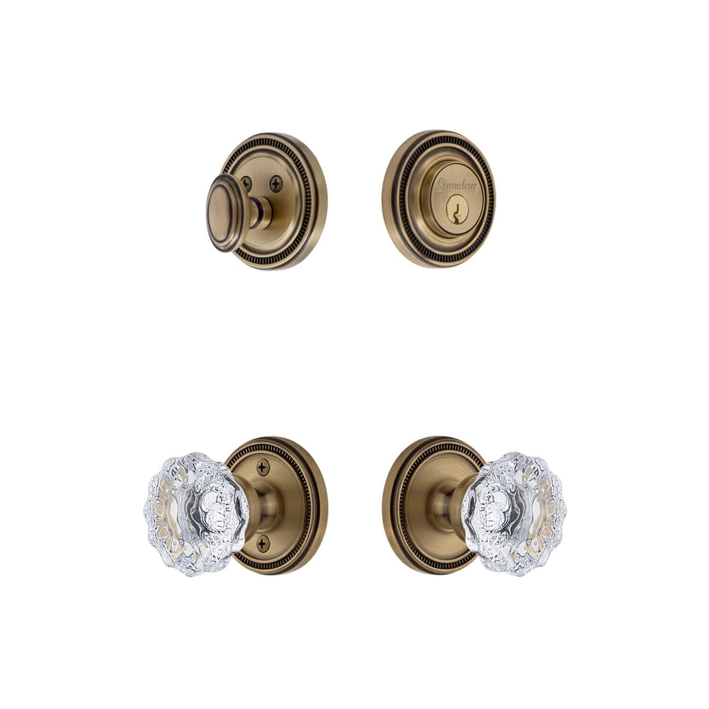 Soleil Rosette Entry Set with Fontainebleau Crystal Knob in Vintage Brass