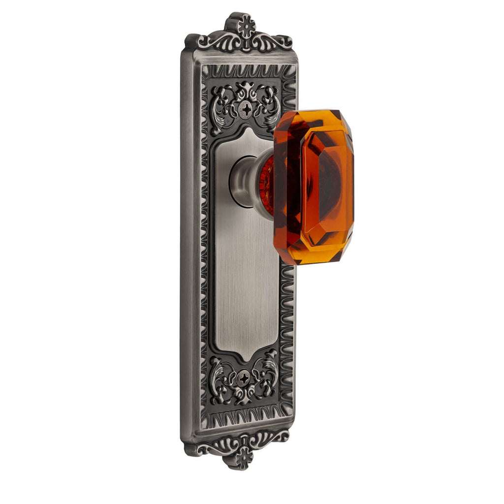 Windsor Long Plate with Baguette Amber Crystal Knob in Antique Pewter