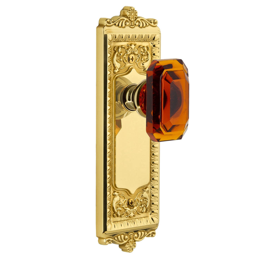 Windsor Long Plate with Baguette Amber Crystal Knob in Polished Brass